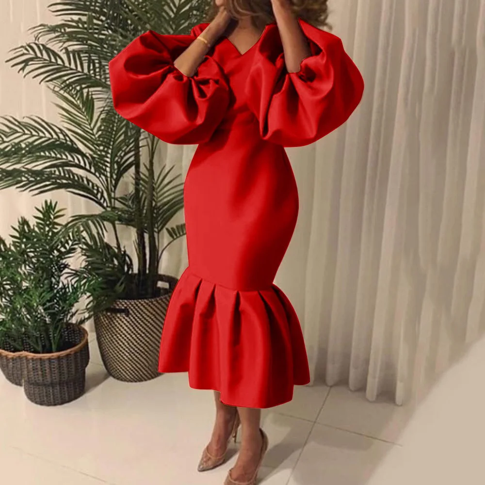2021 Afriške Obleko Za Ženske Modni Novo Afriki Plus Velikost 4xl 5xl morska deklica Luč Rokav Sredi Tele Elegantne Večerne Pary Vestidos
