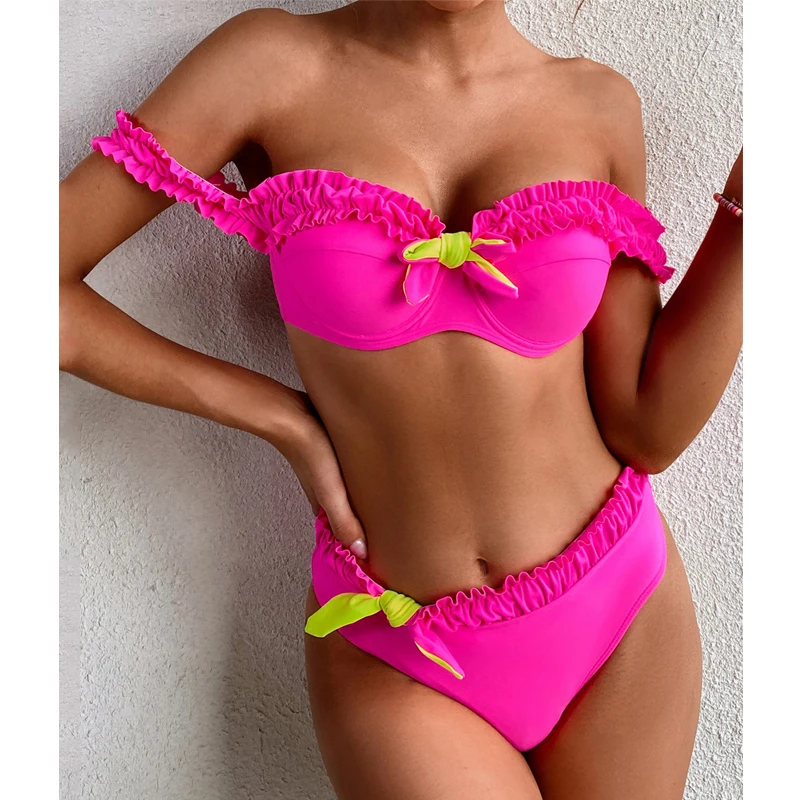 V-X Ruffle bikini 2021 mujer Visoko pasu kopalke ženske Off-ramo kopalke ženske Neon roza kopalke Push up bikini nova