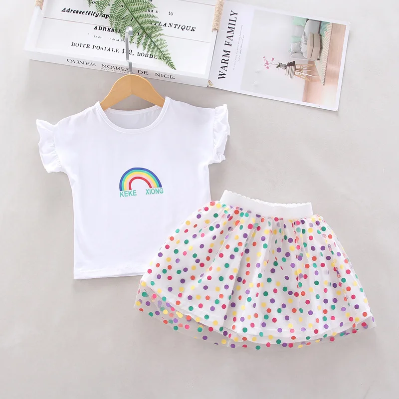 Otroška oblačila 2021 novo poletje baby girl ' s sladko mavrica kratek rokav T-shirt čipke cvetlični krilo, hlače, oblačila za dekleta