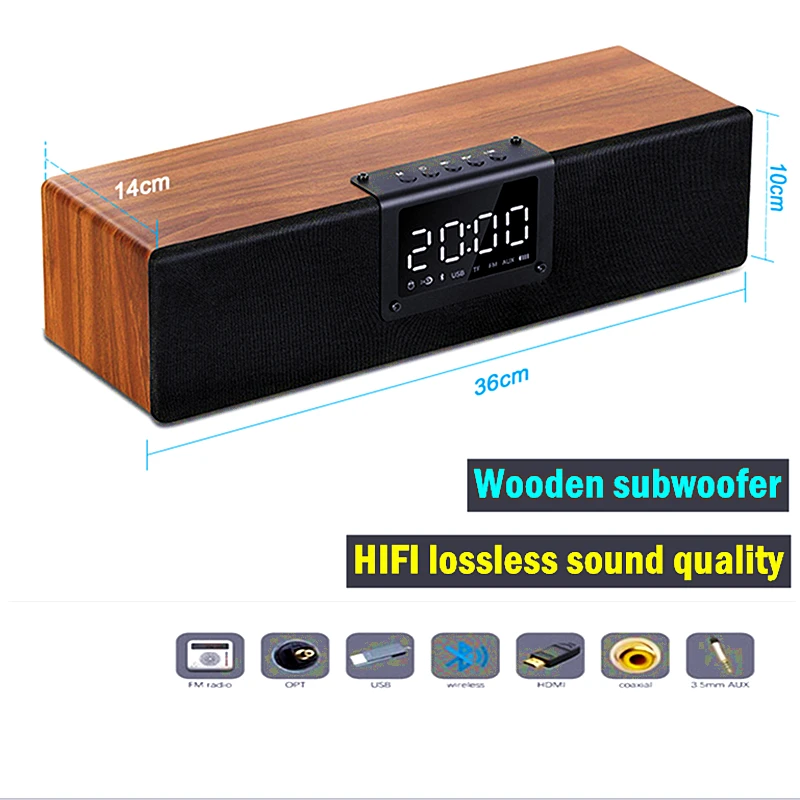 Lesene Bluetooth Zvočnik za Domači Kino Subwoofer TV Echo Wall Sound Bar HIFI z LED Prikaz Ure Budilke FM Daljinski upravljalnik