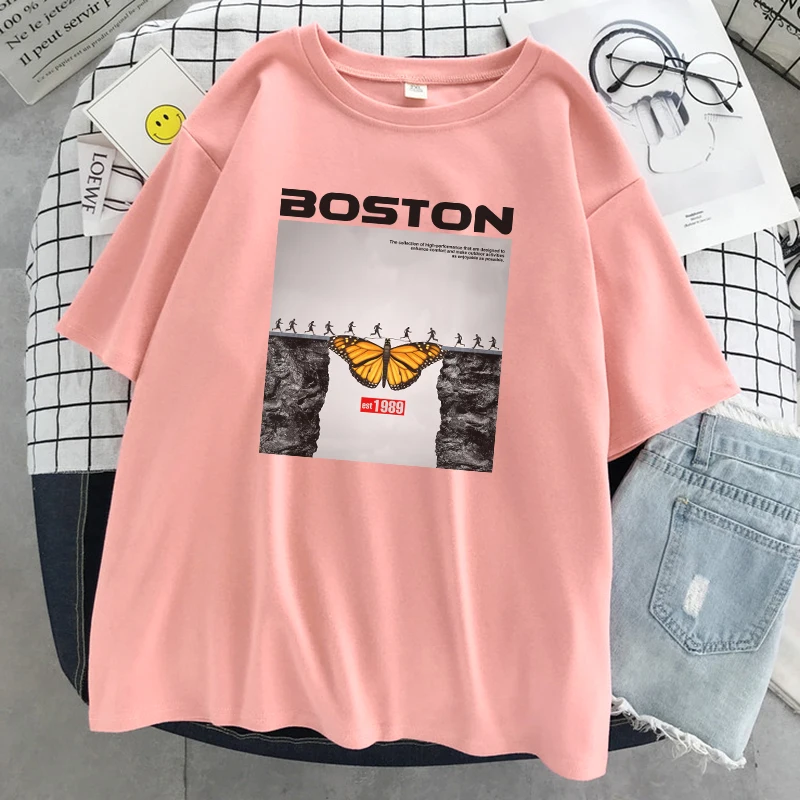 Boston Rumeni Metulj Tisk T-Shir Ženske Letnik Mehka Oblačila Moda Oversize T-Shirt Ulične O-Vratu Tshirt Ženske