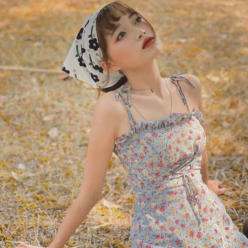 Ženske Cvetlični Obleke, Mini Korejski Ruffles Prosti Čas Suspender Trendy Ponudbe Ulzzang Sladko Najstnik Dekleta Šifon Poletje Povodcem