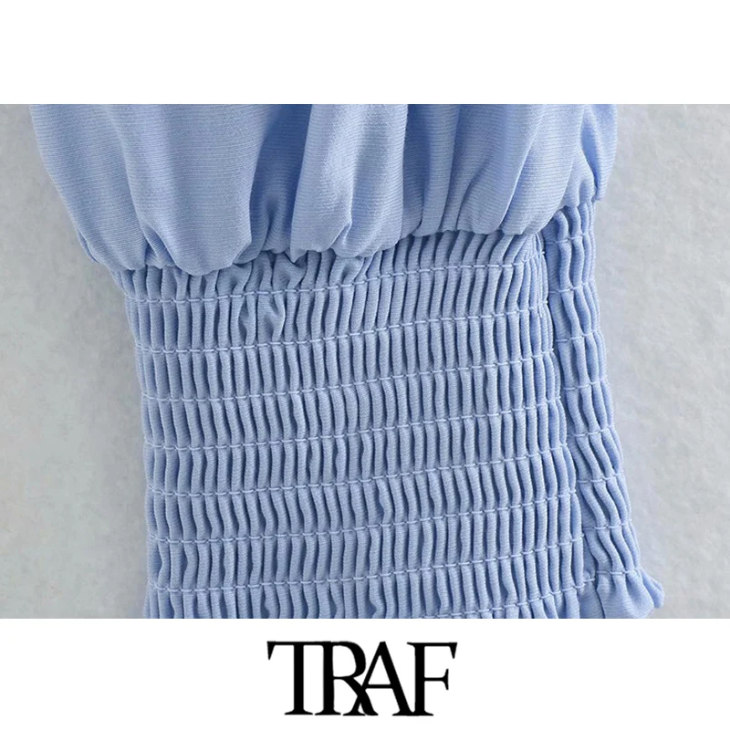 TRAF Ženske Modni Umetno Pearl Gumbi Odrezana Vintage Bluze tričetrt Rokav Elastični Rob Ženske Majice Elegantna Vrhovi