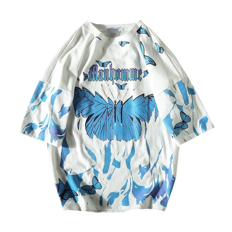 2021 priljubljene moške hip-hop kratka sleeved modri metulj športna jakna oversize T-shirt