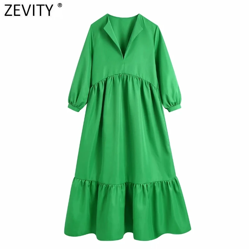 Zevity Nove Ženske Mode V Vratu Pleat Ruffles Zelena Midi Obleko Femme tričetrt Rokav Casual Chic Slim Kimono Vestido DS8677