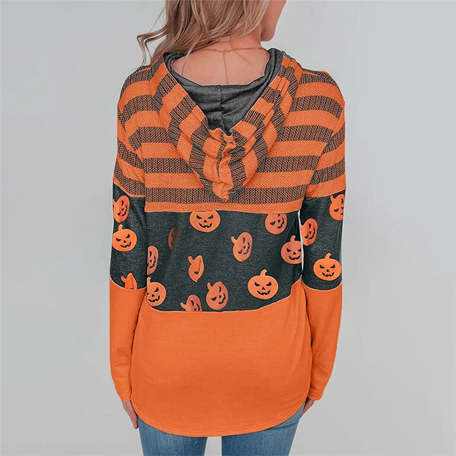 Črtasto Vrvico Majica Halloween Buče Tiskanja Hoodies Jeseni Mozaik Hoodies 2020 Halloween Modni Ženski Zgornji Del Trenirke