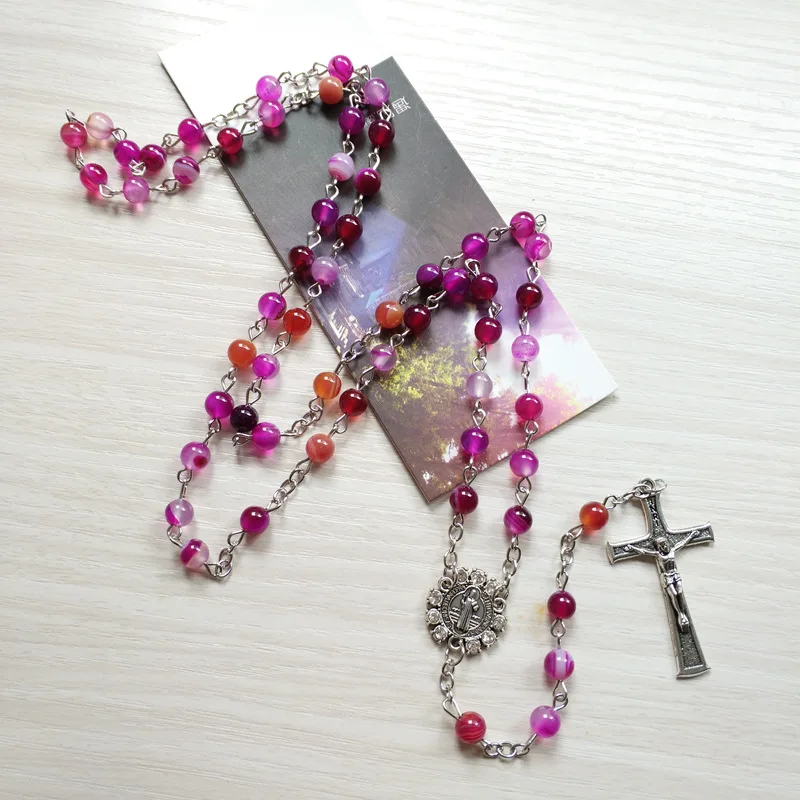 QIGO Vijolično Kamen Z Venci Jezus Križ, rožni Venec, Ogrlica Dolgo Katoliške Verske Molite Nakit