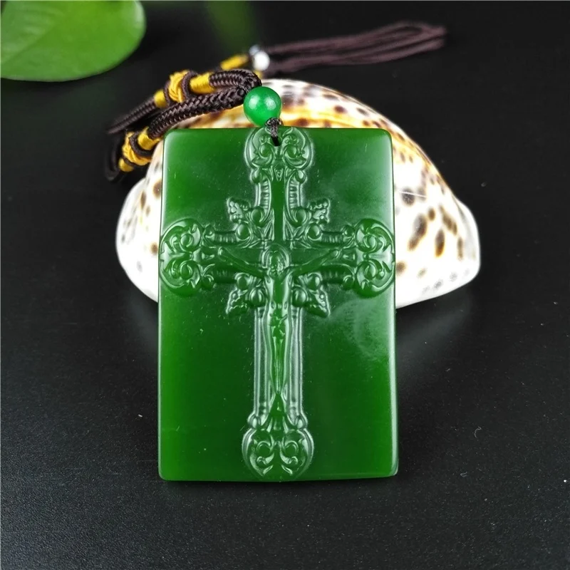Naravna Zelena Hetian Kamen Vklesan Križ Jade Ogrlico, Obesek, Kitajski Jadeit Nakit Čar Jezus Amulet Darila za Ženske, Moške