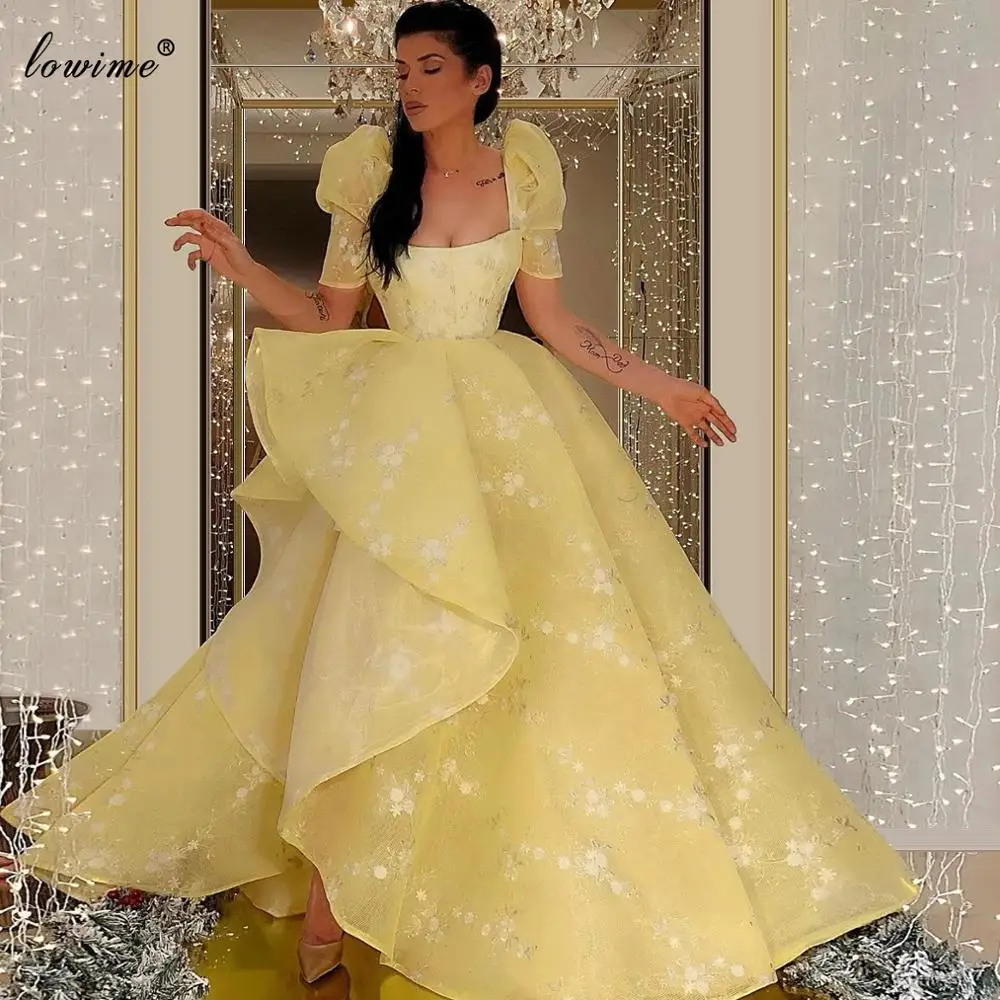 Bližnji Vzhod Rumena Prom Obleke 2020 Asymetrical Princesa Večerne Obleke A-Line arabski Čipke Celebrity Obleko Stranka платье