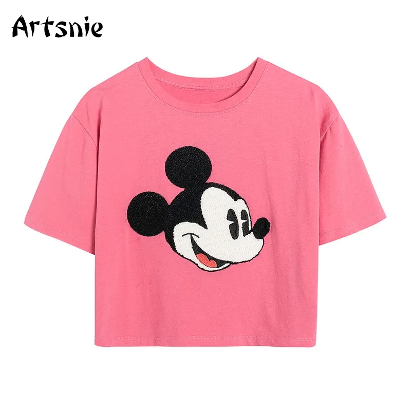 Artsnie Mickey Mouse Risanka Majica s kratkimi rokavi Ženske Poletje 2021 Roza Disney Vezenje O Vratu Crop Tops Ulične Izrez T-majice Femme