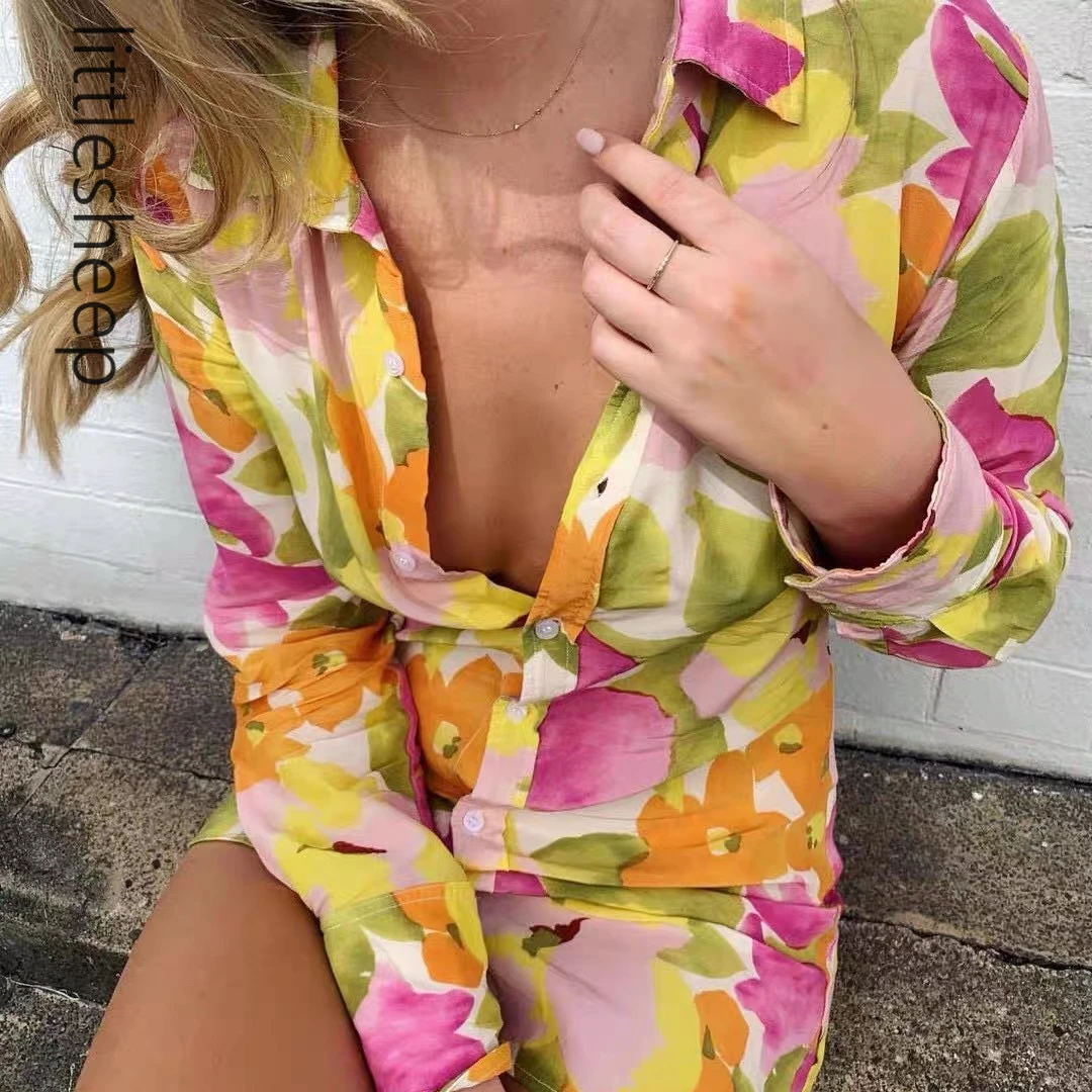 2021 Pomlad Poletje Elegantno Cvjetnim Tiskanja Dolg Rokav Shirt Obleko Ženske Seksi Proti-Vrat Moda Priložnostne Beach Party Obleke
