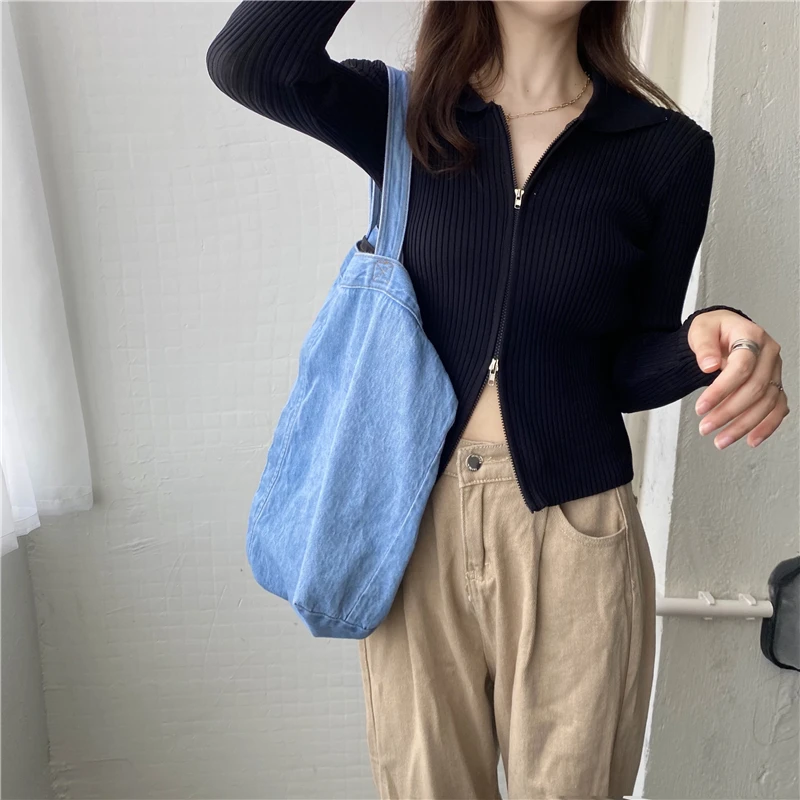 Kratek pulover ženske 2021 pomlad novo korejska različica ins seksi dvakrat vodil zadrgo polo ovratnik, dolgi rokavi pletene bluzo