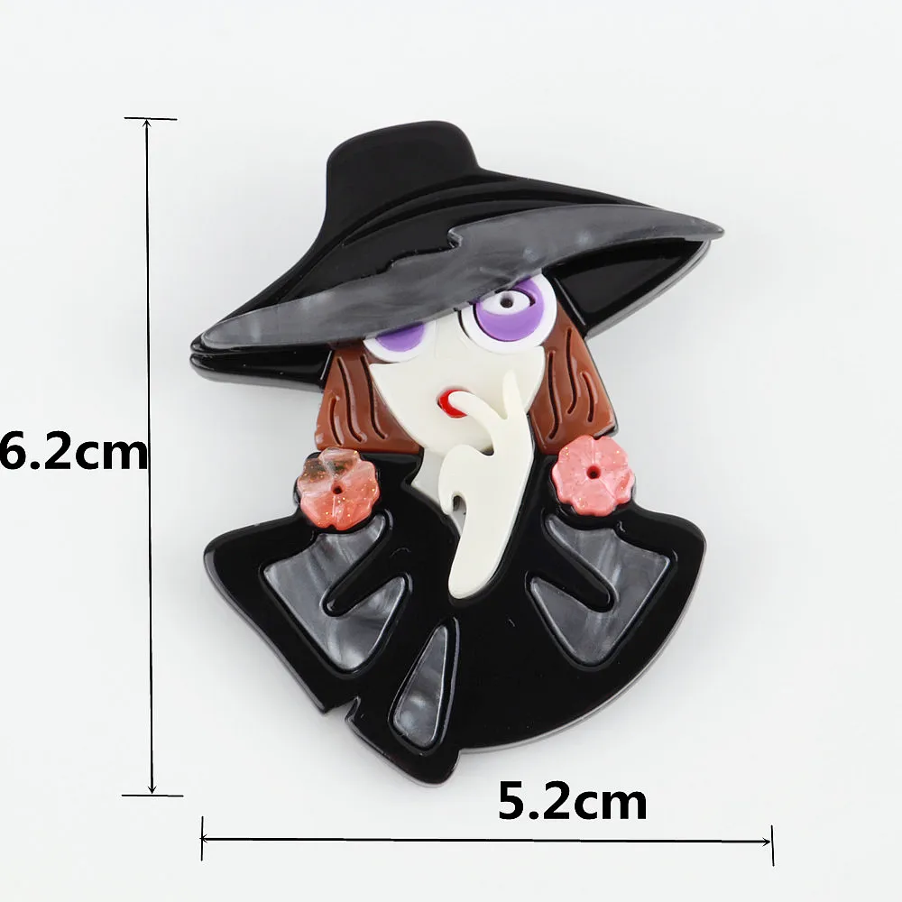 Novo Pretirana Cool Lady Black Hat Akril Broške Za Ženske Dekle Vijolične Oči Zatiči River Risanka Broška Značke Modni Nakit