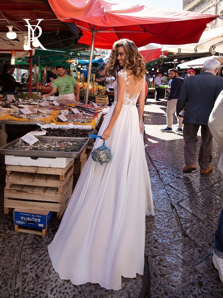 YILIBER Čipke poročno obleko brez rokavov proti-vrat vzdušje lepe poročne obleke aplicirano dekoracijo split vilice backless