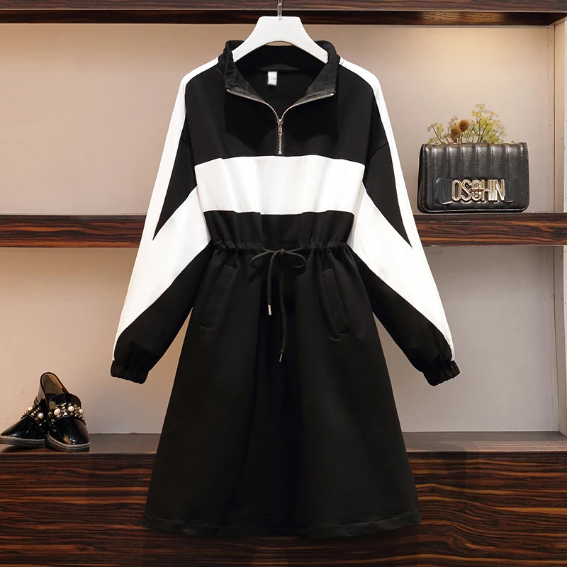 Ženske Priložnostne Sweatershirt Šport Obleko 2020 Jeseni Prevelik Dolg Rokav Črno Bel Mozaik Obleke Plus Velikost Teči Velika Oblačila