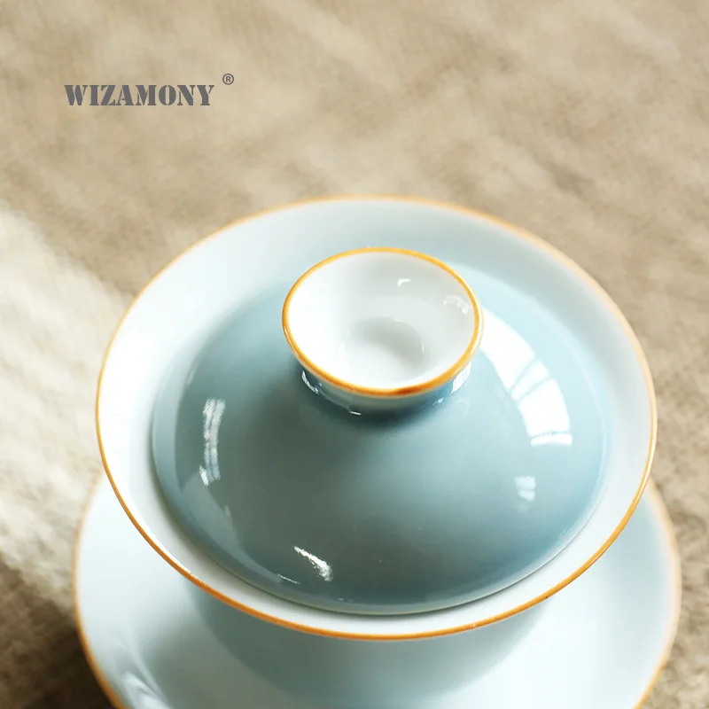 WIZAMONY Glazura Svetlo Modra Bela Kung Fu Sancai Tureen Velike Čaj Skodelica Čaja, Keramični Krožniki za Pokal po Meri Logo