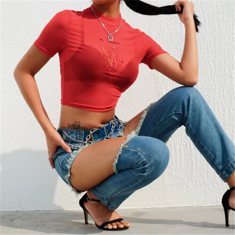Ženske Red Devil Vzorec Obreži Zgoraj Odklon Očesa Pregleden Vezenje Kratek T-Shirt Seksi Odprti centralni Tee lady ulične Tee Vrh
