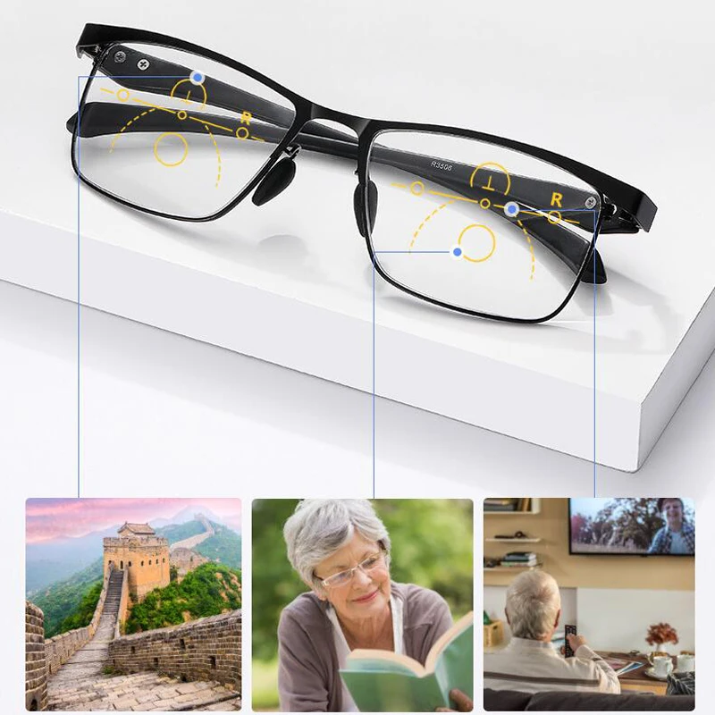 2021 Photochromic Obravnavi Očala Unisex Anti Blue Ray Progresivna Multifokalna Očala Za Daljnovidnost Zlitine Okvir Črna Očala 1.5