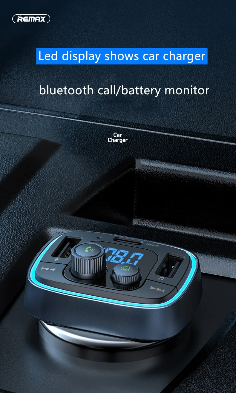Remax Avto Polnilec Bluetooth 5.0 FM Oddajnik Dvojno USB/Tip-c komplet za 4,8 hitro polnjenje LED Zaslon v Realnem času napetost spremljanje