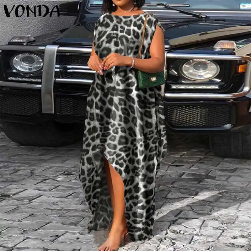 Asimetrična Obleka 2021 VONDA Ženske Poletje Letnik Leopard Natisnjeni Obleko Plaži Vestidos Prevelik Plašč Femme Nezakonitih Sundress