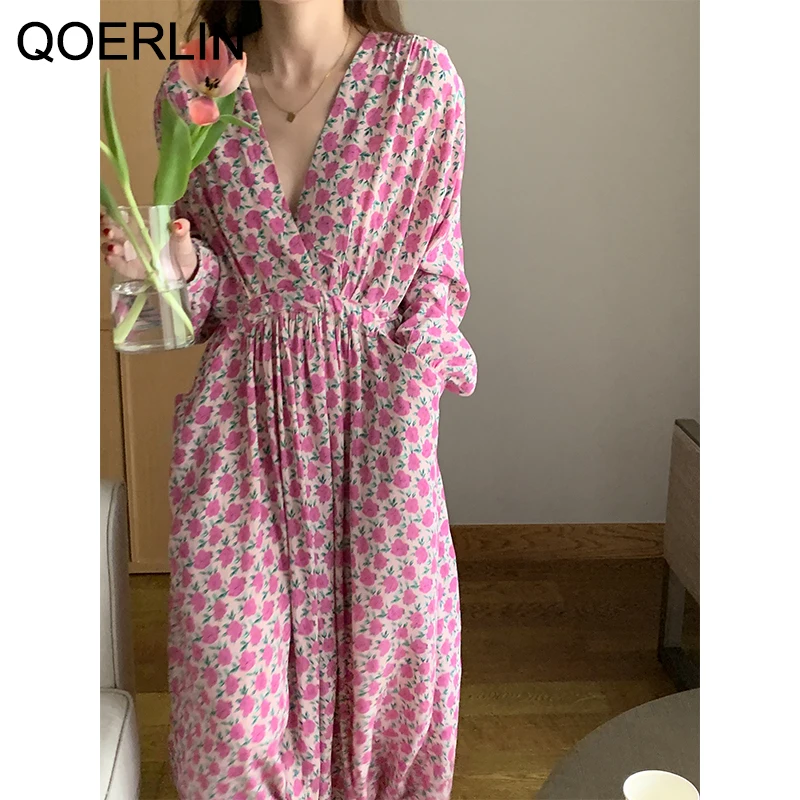 QOERLIN Mid-Dolžina Obleka Ženske korejski Elegantna Pomlad Nežno Sladko Proti-vrat Cvet Čipke-Up Visoke Pasu Dolg Rokav Dolga Obleka Ženske