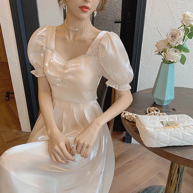 2021 Moda Za Ženske Estetski Poletje Fairy Belo Obleko Harajuku Korejski Moda Cottagecore Saten Dolgo Obleko Elegantno