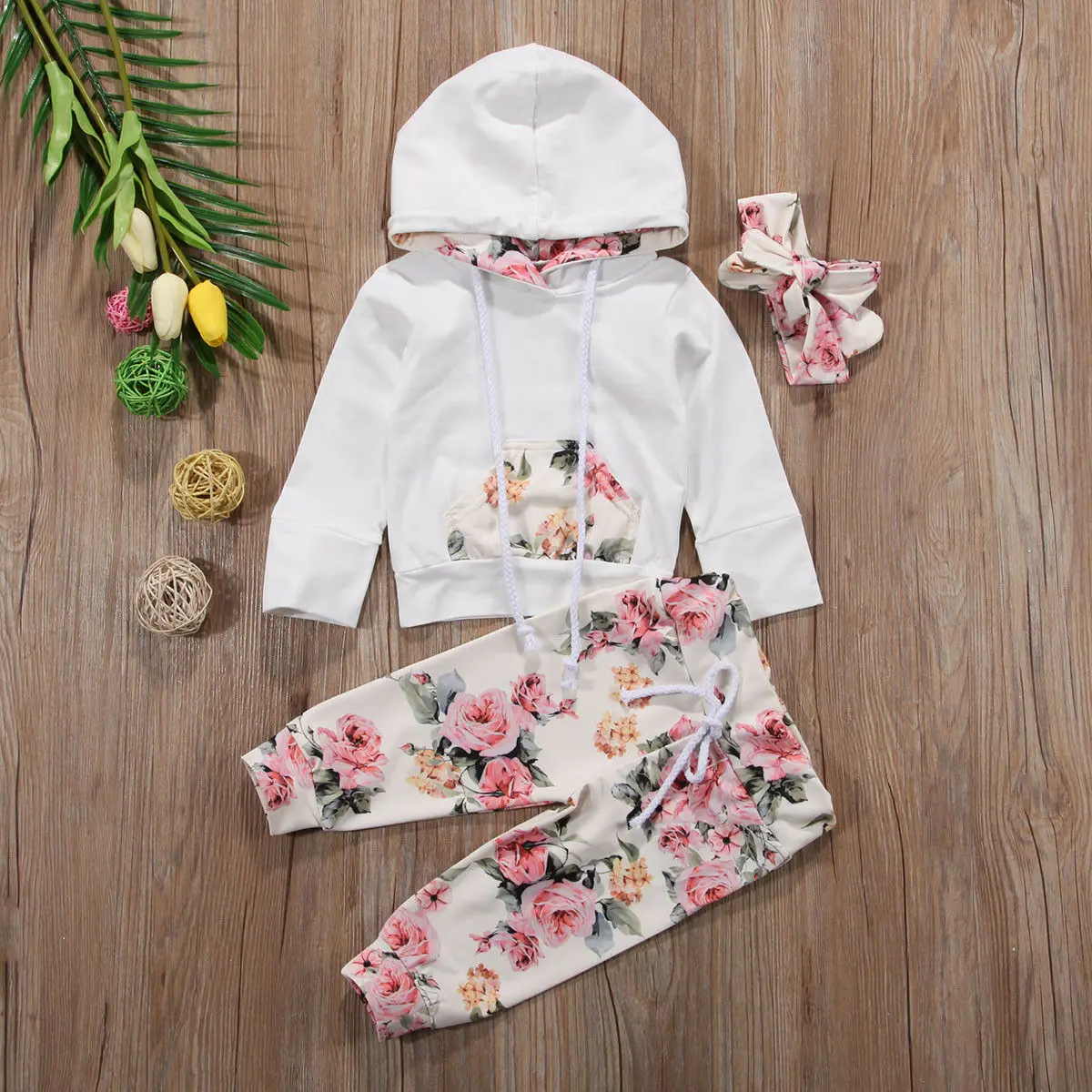 Baby Dekleta Pomlad Oblačila, ki Barva Dolgimi Rokavi, Rebraste Ruffle Romper + Cvetlični Hlače + Bowknot Glavo 3Pcs Obleke