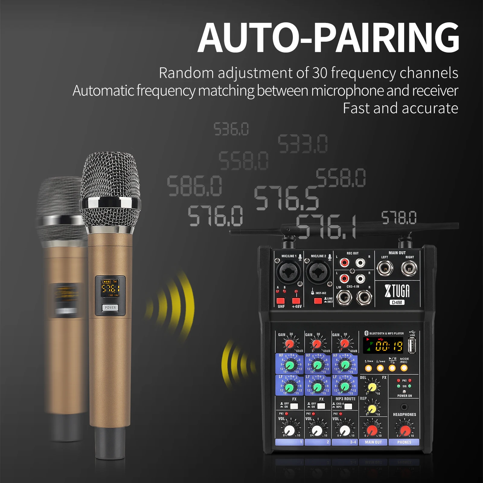 XTUGA D4M Audio Mixer z Brezžični Mikrofon 4 Kanalov Zvočni Mešalnik z Bluetooth,USB, za PC in Snemanje,Karaoke DJ,Petje