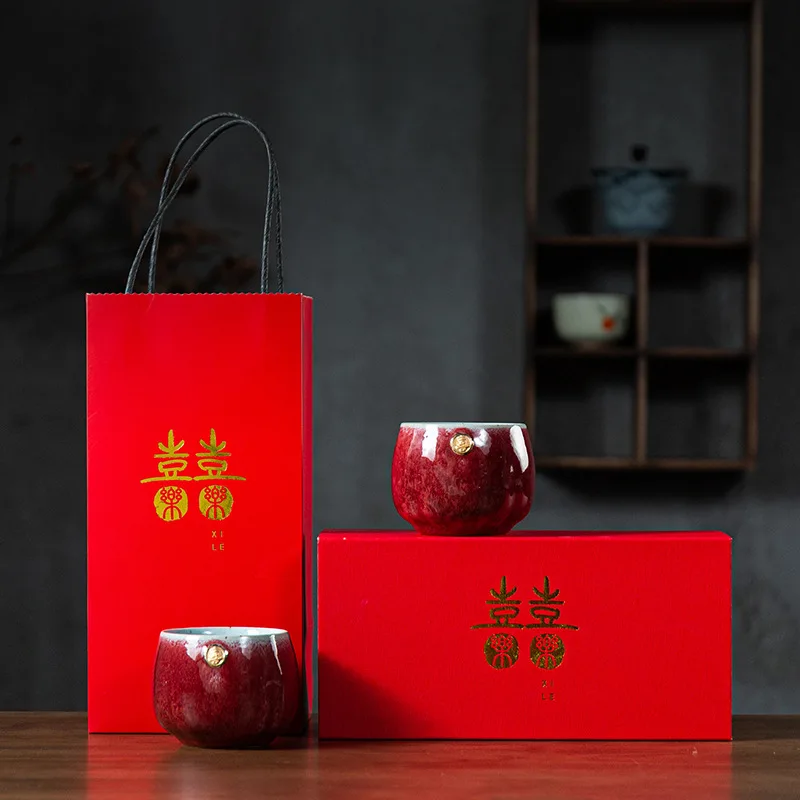 Novo-Poročen Zveze Praznična Darila Par Skodelice, Keramične Kung Fu Tea Cup Par V Rdeči Čaj Pokal Darilo Polje Slavnostno Pokal Sklede