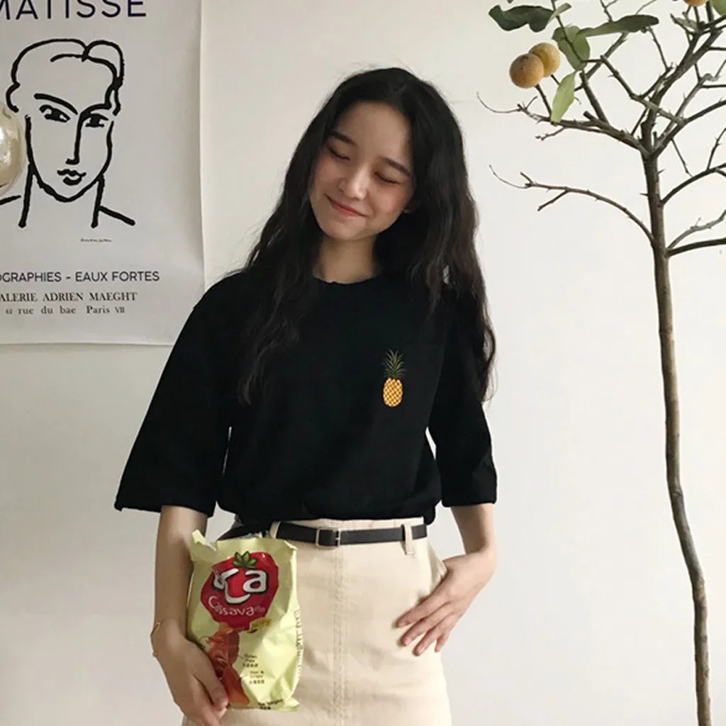 Korejski Modni T-majice Oblačila Ženske Prevelik Ananas Vezenje Smešne Majice Pol Rokav O-vratu, Ohlapno Vrhovi 2021