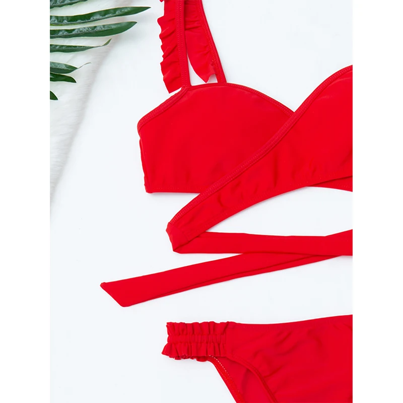 V-X Trdna bikini 2021 High cut kopalke ženske Ruffle kopalke ženske Povoj, plavanje obleko kopalke Bandeau biquini seksi