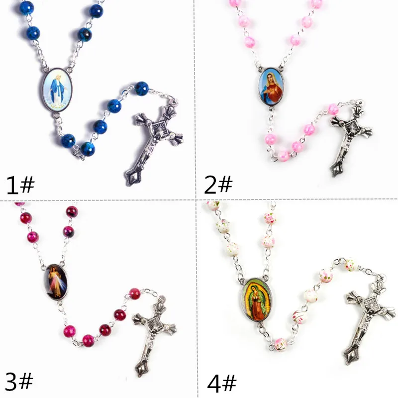 4 Barve Stekla Venec Kroglice Križ, Ogrlico, Obesek Devica Marija Je Jezus Križ Krščanski Katoliški Nakit Dodatki Darilni Fashion