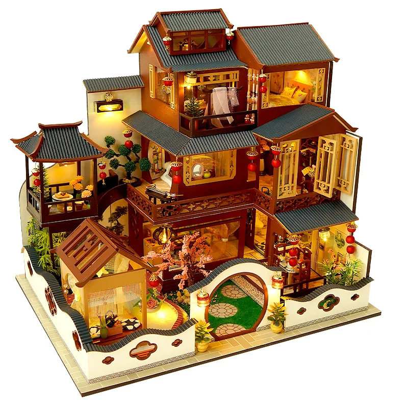 DIY Lesene Lutke Miniaturne Zgradbe S Pohištvom Pribor za Odrasle Zbrati Kitajski Villa Kompleti Lutka Hiša Igrače Darila Casa
