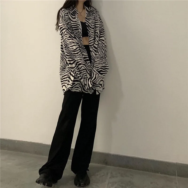 QWEEK Harajuku Zebra Print Majica Ženske Gotike Bluzo 2021 Prevelik Ulične Japonski Black Dolg Rokav Poletje Vrhovi Punk Dekle