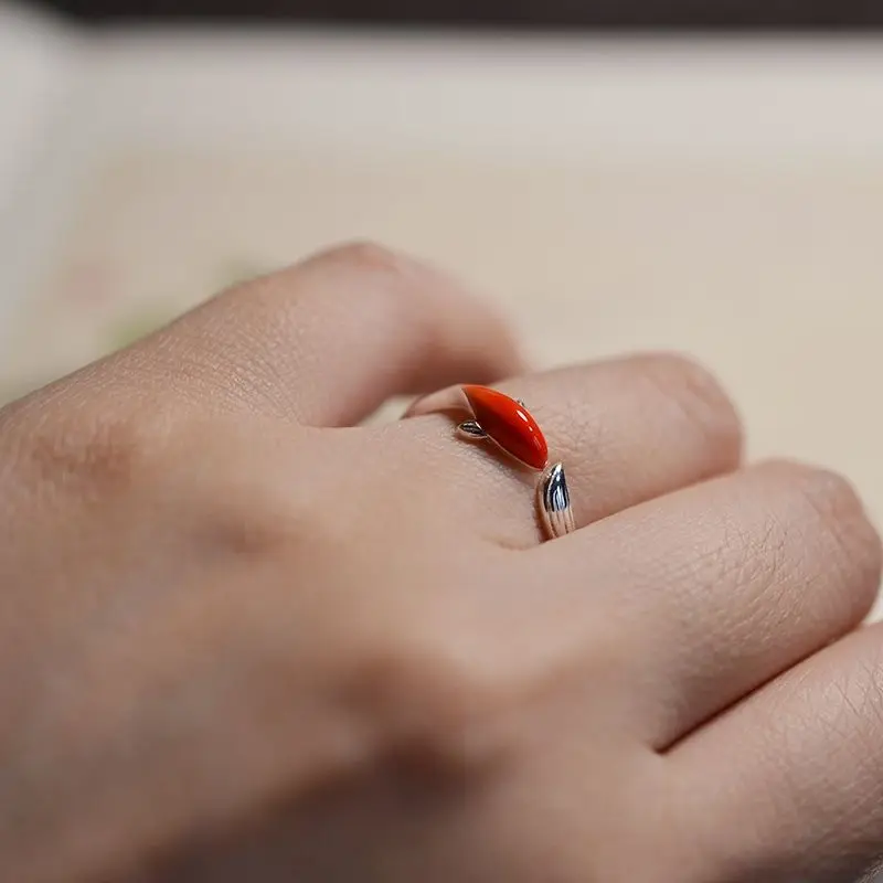 Srebro vdelan cloisonne rdeče koi obliko odpiranje nastavljiv prstan klasične umetnosti vrhunsko razkošje ženski nakit