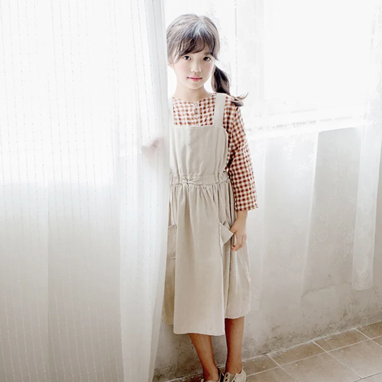 Jeseni Novi korejski Otrok Dolgo Sleeved Kariran Majica + obleko dekleta oblačila sklop 4 7 8 12 14 let stari Otroci Dekliška Oblačila