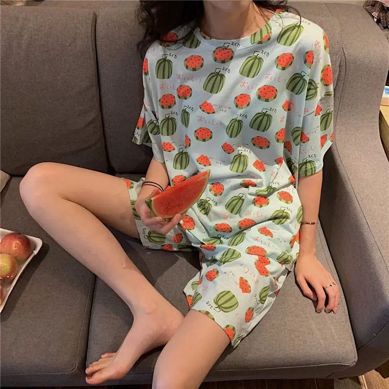 Poletje Pižamo Kompleti za Ženske Hlače Risanka Natisnjeni Sleepwear Srčkan Bombaž Pižame Dve Delni Set