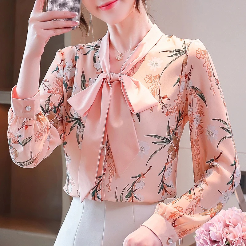 Korejski Cvetlični Bluzo Ženske Sladko Lok Ovratnik Beloprsi Singl Šifon Vrhovi 2021 Pomlad Bohemian Tiskanja Priložnostne Bluze
