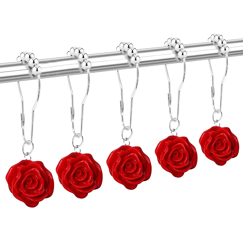 12PCS Tuš Zavesa Kljuke Obroči za Kopalnico,Dekorativni Rose Cvet Smolo, Tuš Zavese Palice, Trnki Zavese(Rdeča)