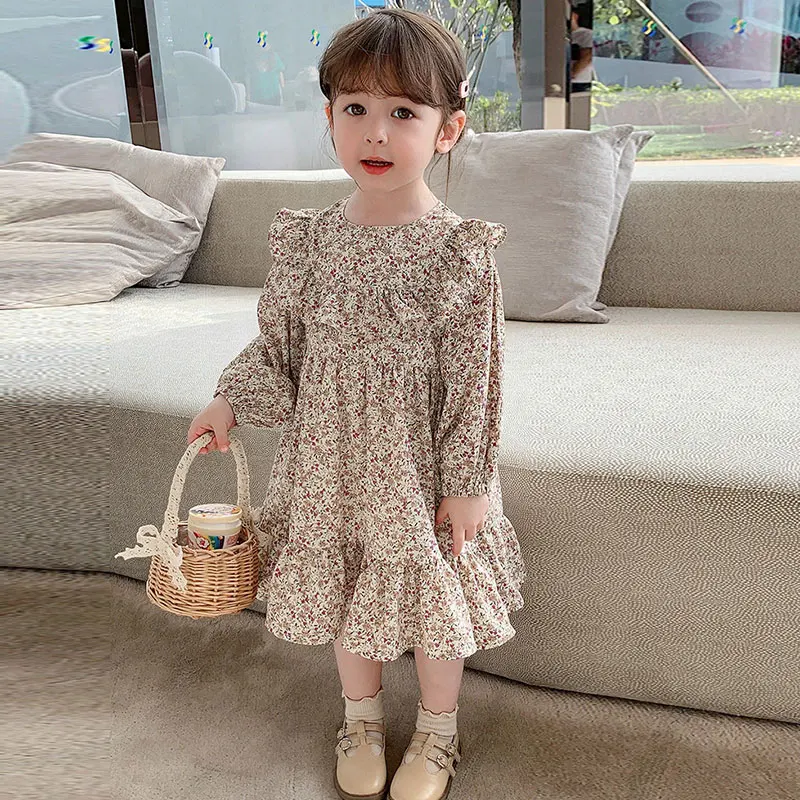 2021 Pomlad Nov Prihod Deklice Dolg Rokav Cvetlični Obleko Otroci Korejski Design Obleke Dekle Obleko