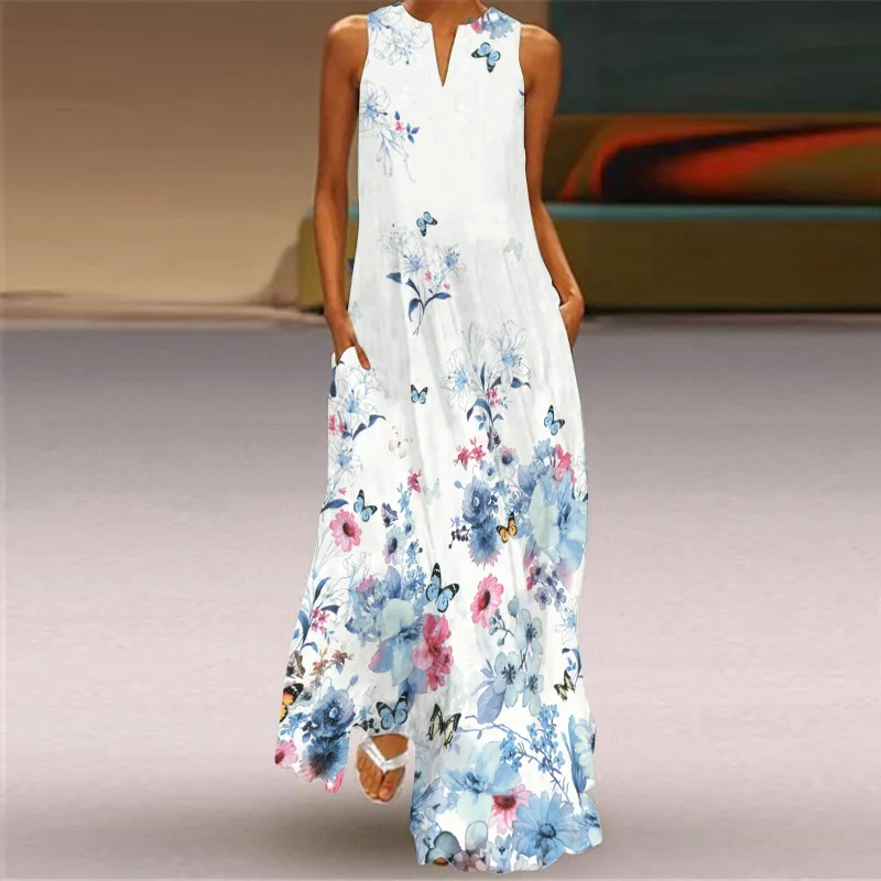 Seksi Ženska Poletje Retro Digital Print Obleko 2021 Priložnostne Cvetlični Ohlapno Obleko Maxi Plus Velikost Ženske Brez Rokavov Žep Obleke