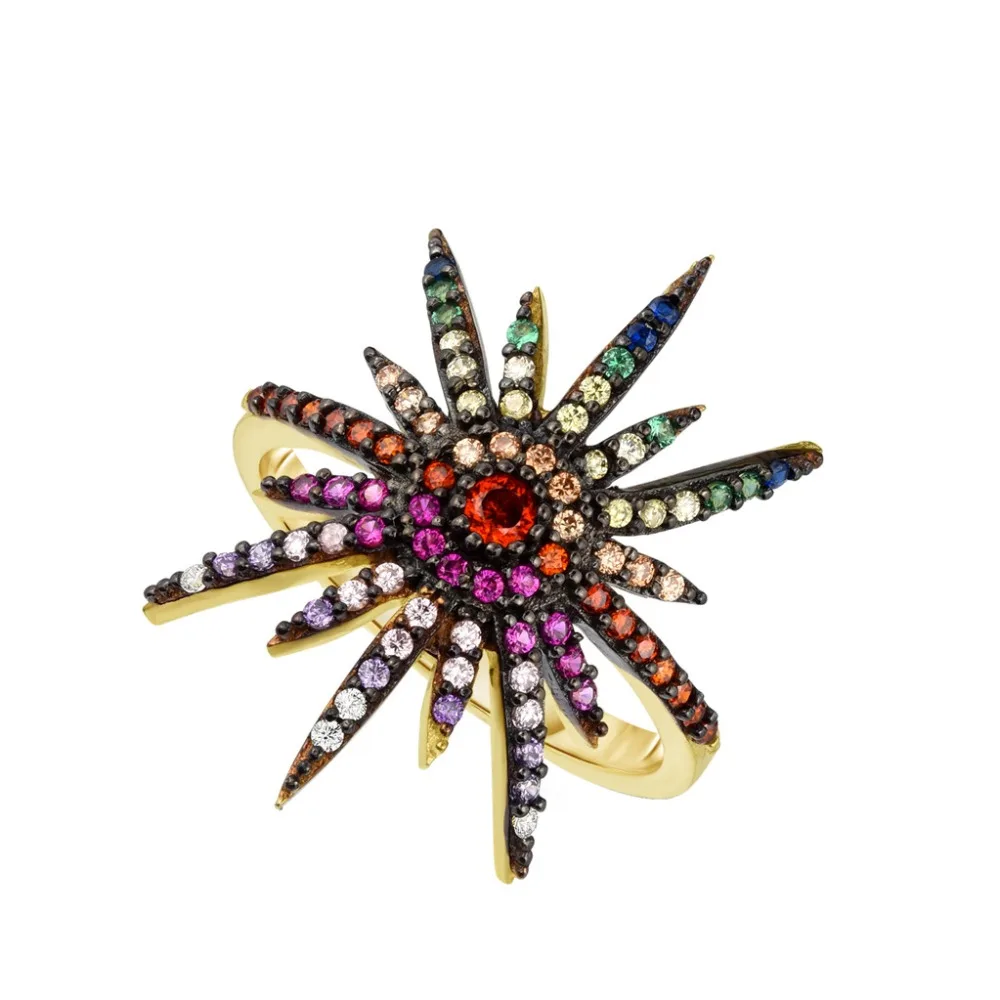 2019 NOV cvet ženske mavrica obroč Zlato barvo starburst obroči s pisanimi kamen nakit