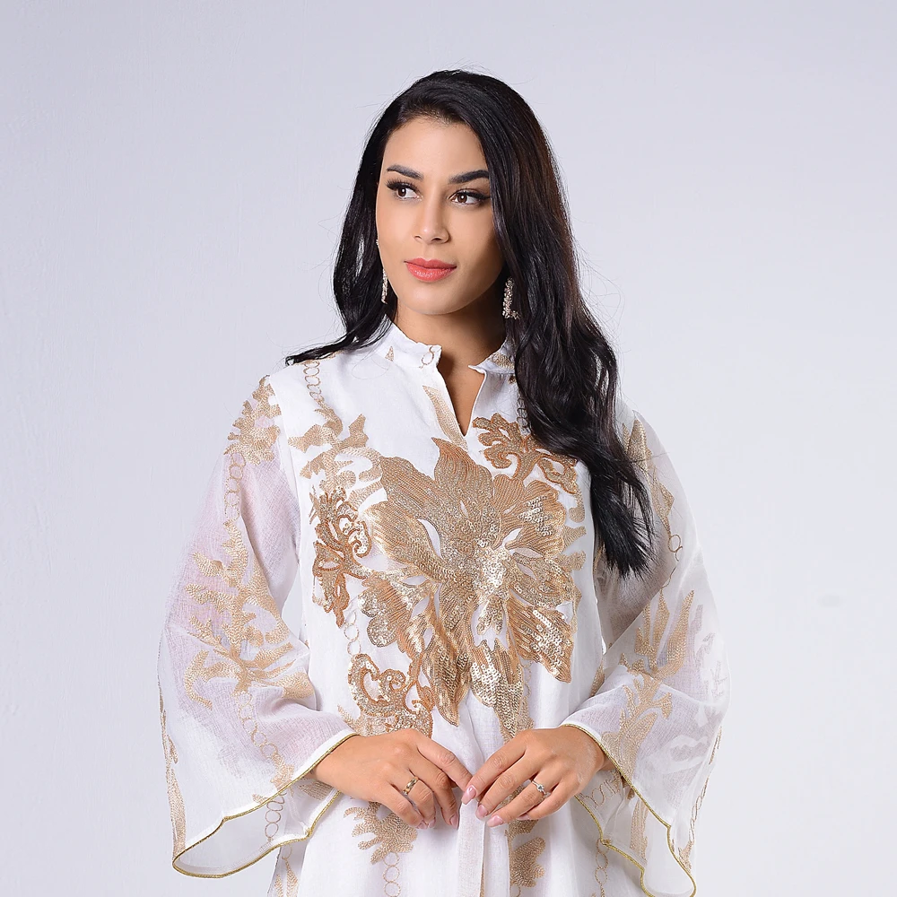 AB056 Maxi Obleko Zlate Bleščice Vezenje Gaza Bela Abaya Ženska Muslimanskih Ženskih Jalabiya arabski Elegantna Oblačila z Dolgimi Rokavi