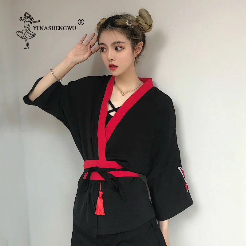 Japonski Kimono Ženska Harajuku Japonski Srajce Vezene Fox Bluze Svoboden Priložnostne Vrh Kimono Cosplay Črn Kimono S Pasom