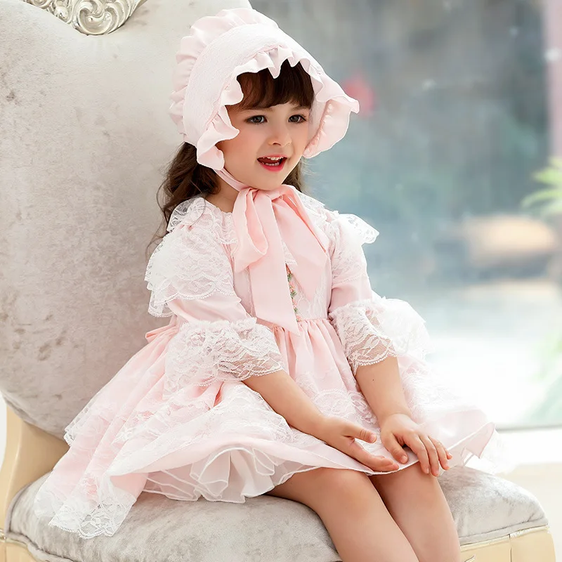 Španski Baby Obleko s Klobuk Dekle Lolita Princess Vestidos Otrok Rojstni dan Eid Stranka Žogo Obleke Otroci Čipke Španija Boutique GZB006