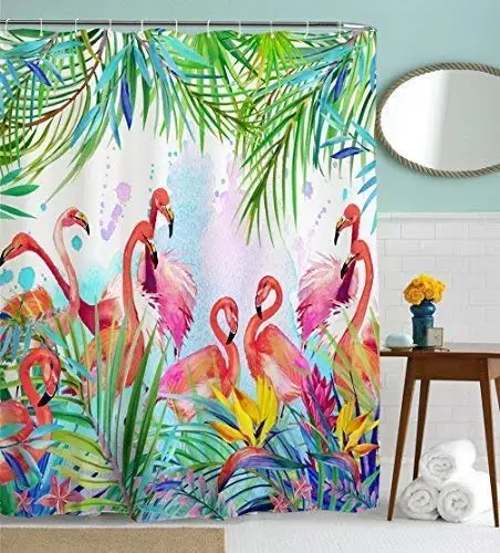 Flamingov s Tropskimi Listi in Cvetovi Vzorec Nepremočljiva Kopalnica Tuš Zavese