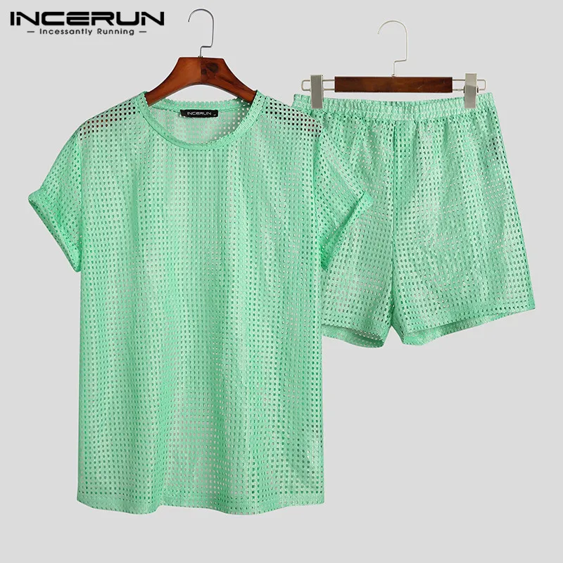 INCERUN Men Mesh Sets See Through Solid Color Streetwear Short Sleeve T Shirt & Shorts Summer Casual Mens Suits 2 Pieces S-5XL 7