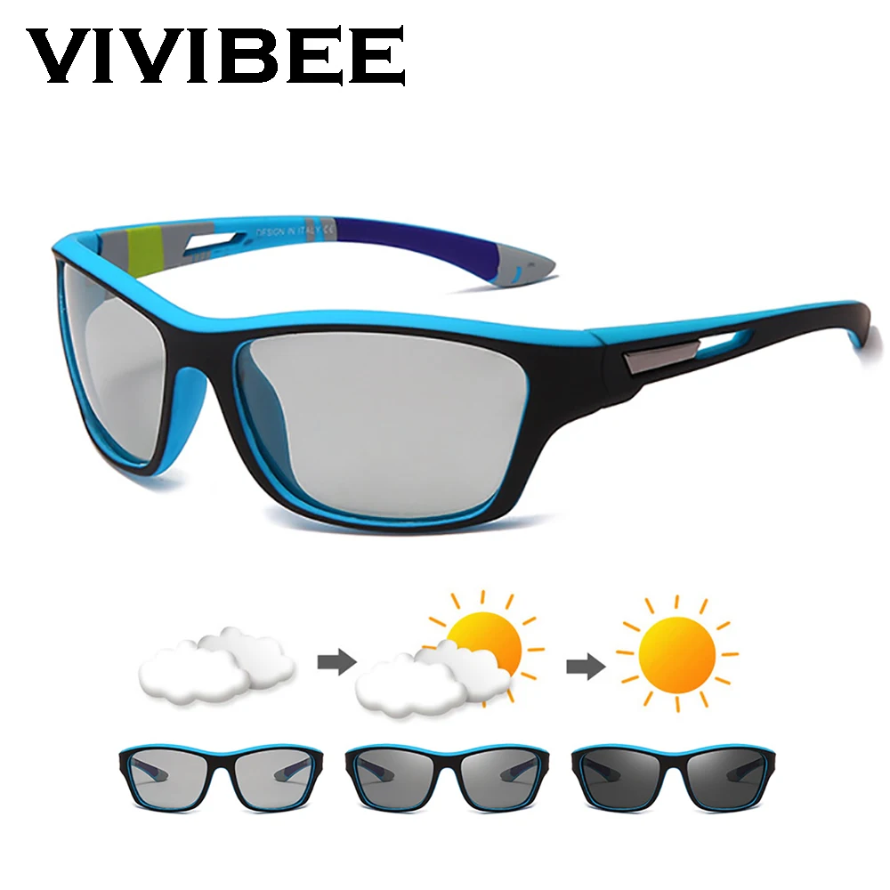 VIVIBEE Moških Photochromic sončna Očala Športna Mat Črno Modra Okvir Polarizirana Barva Spreminja, UV400 Očala