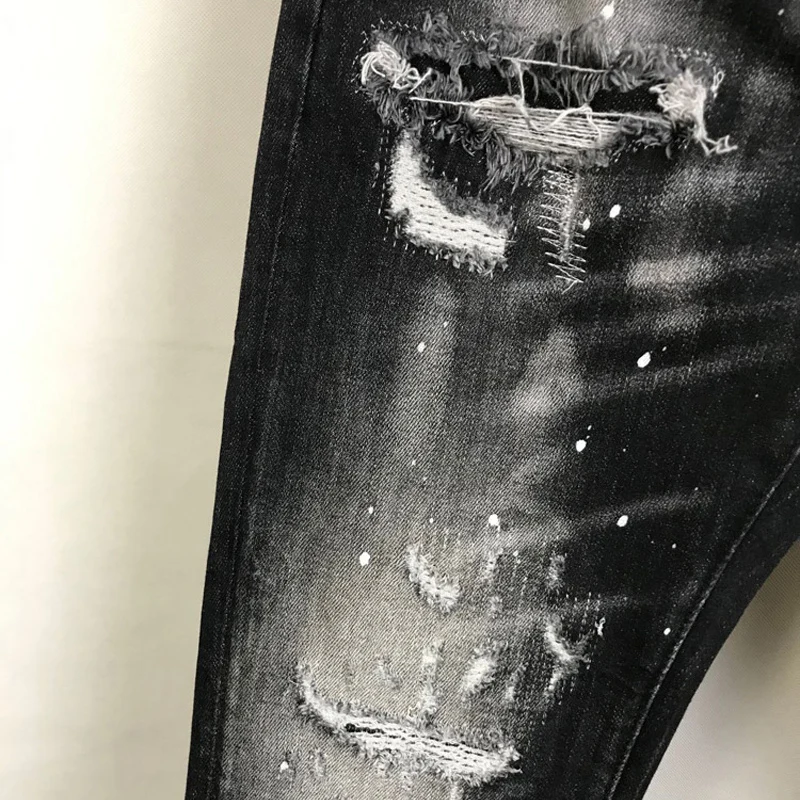 Ameriška Ulica Slog Modne Moške Jeans Visoke Kakovosti Črne Barve Uničeno Ripped Kavbojke Moški Naslikal Oblikovalec Hip Hop Punk Hlače