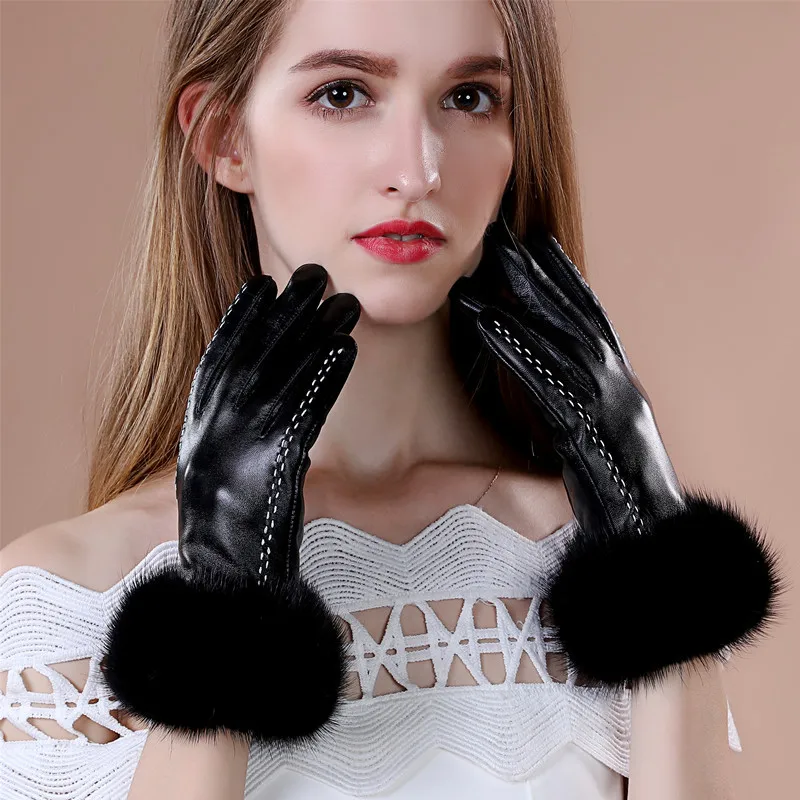 Mink krzna, usnjene rokavice ženska moda in ženske zaslon na dotik rokavice zimske plišastih oblog toplo ovčje kože rokavice telefingers ženske MK53